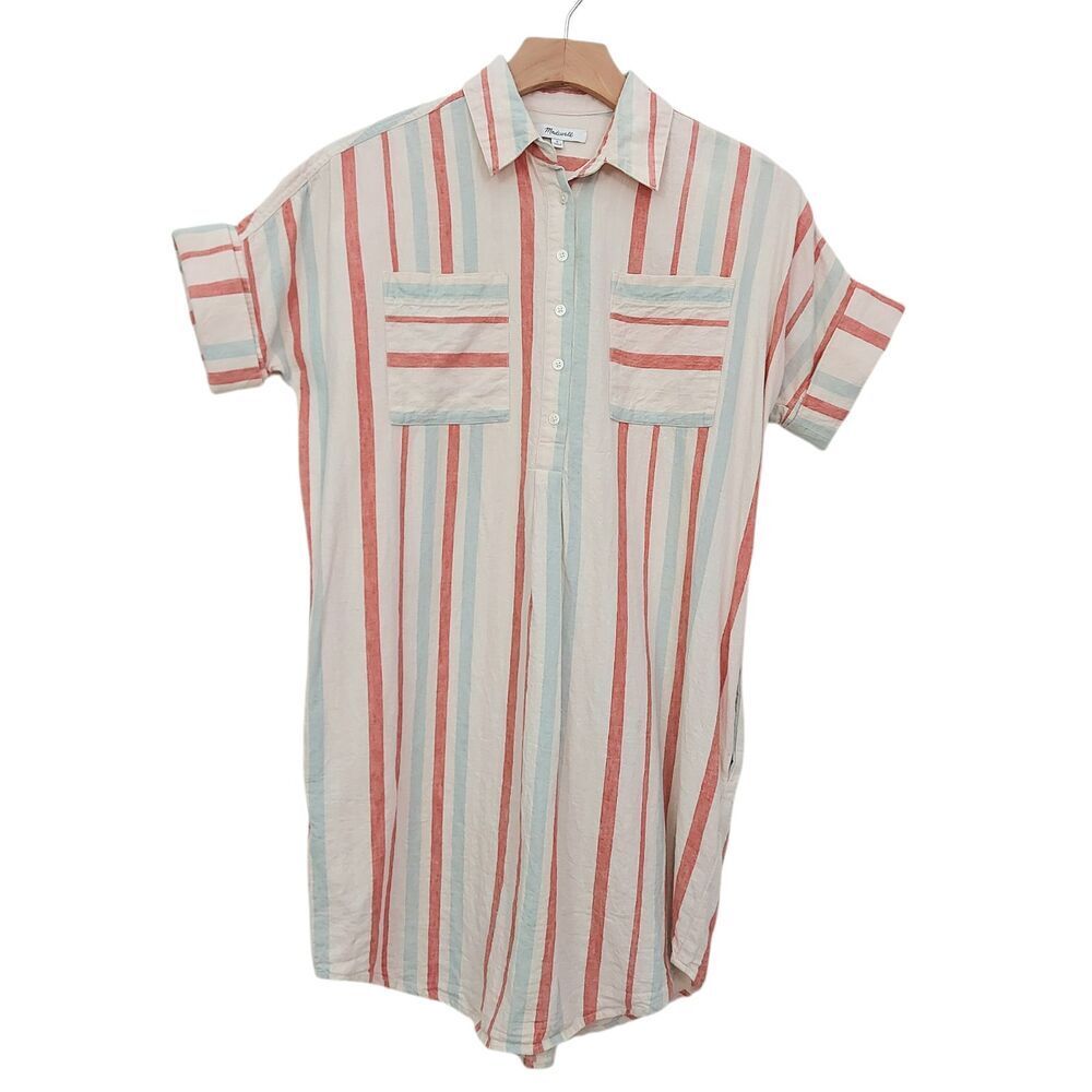 Madewell Shirt Dress Womens Small Linen Cotton Striped Coastal Nautical Travel
